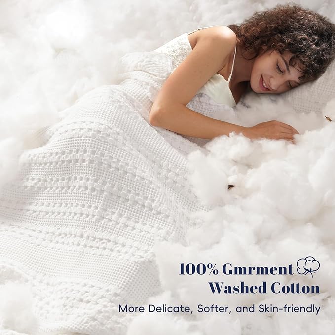 PHF 100% Cotton Waffle Weave Blanket Queen Size for Bed, Soft Lightweight & Breathable, All-Season Comfort, Luxury Aesthetic Woven Bedding for Home Decor, 90"x90", White