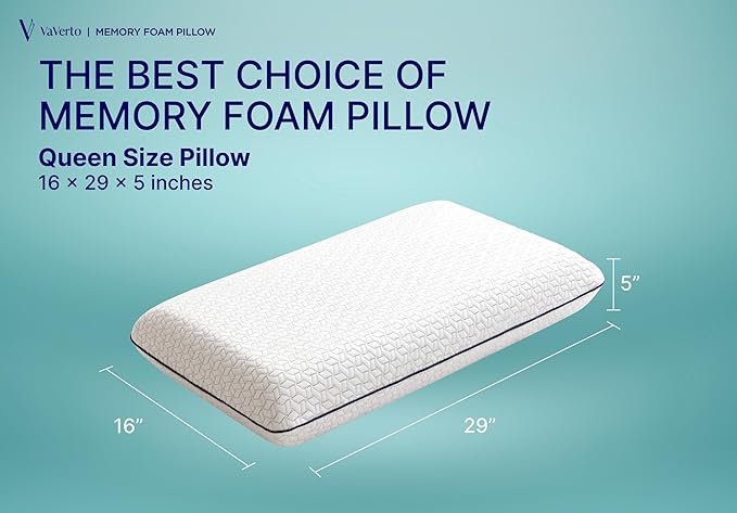 Vaverto Queen Memory Foam Pillow 2-Pack – Cooling Gel-Infused Orthopedic Bed Pillows for Neck and Shoulder Pain Relief, Firm Support Design with Removable Viscose Made from Bamboo Covers – Set of 2
