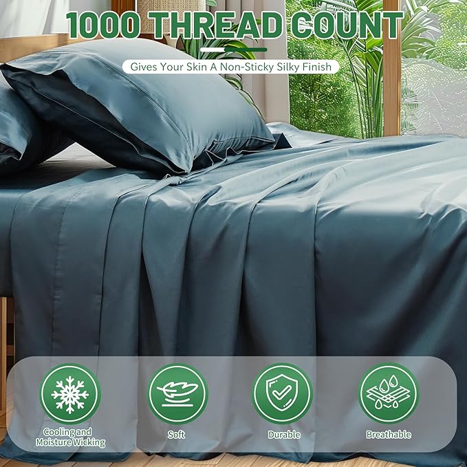 Egyptian Cotton Sheets Full Size 1000 Thread Count Sateen Weave Soft Breathable 16-Inch Deep Pocket 4PCS（Full,Lake Blue）