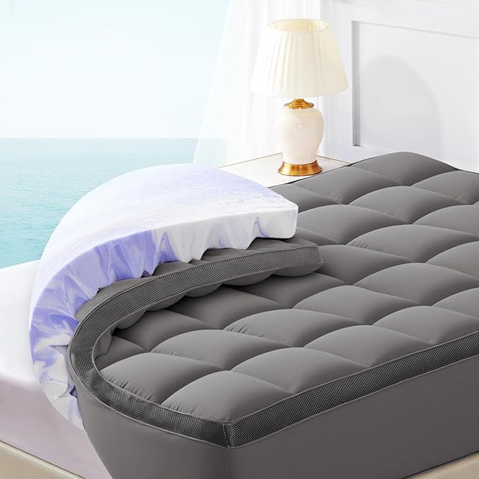 Dual Layer 4 Inch Memory Foam Mattress Topper Twin - 2 Inch Gel Memory Foam and 2 Inch Pillow Top Mattress Pad, 7-Zone Egg Crate Twin Size Mattress Topper (Grey)