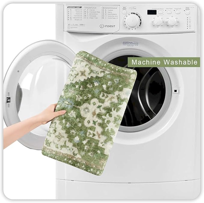 Uphome Boho Retro Large Bathroom Rugs Sage Green Non-Slip Soft Bedroom Runner Rug Oriental Floral Machine Washable Kitchen Rug Cute Farmhouse Floral Carpet for Hallway Laundry Kids Room, 24x59 inch