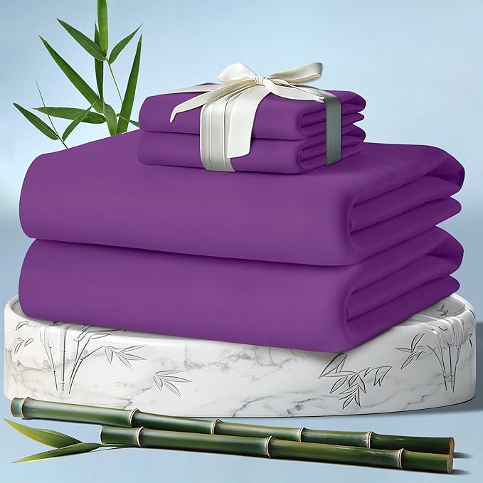 DECOLURE 100% Viscose Derived from Bamboo Sheets Cal King Size 4pcs - Ultra Soft & Luxuriously Cooling, 17" Deep Pocket, Double Stitching, Perfect for Hot Sleepers - King Bed Sheets (Purple)