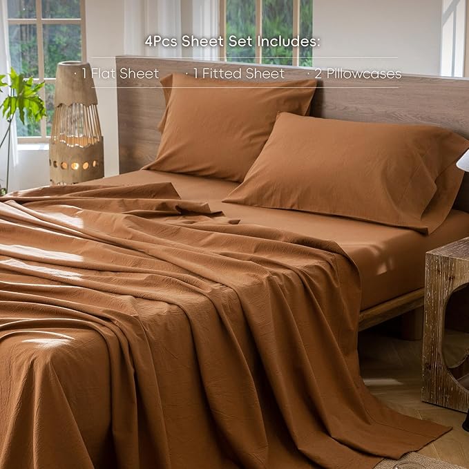 MooMee Bedding Sheet Set 100% Washed Cotton Linen Like Textured Breathable Durable Soft Comfy (Solid Dark Orange, Queen)