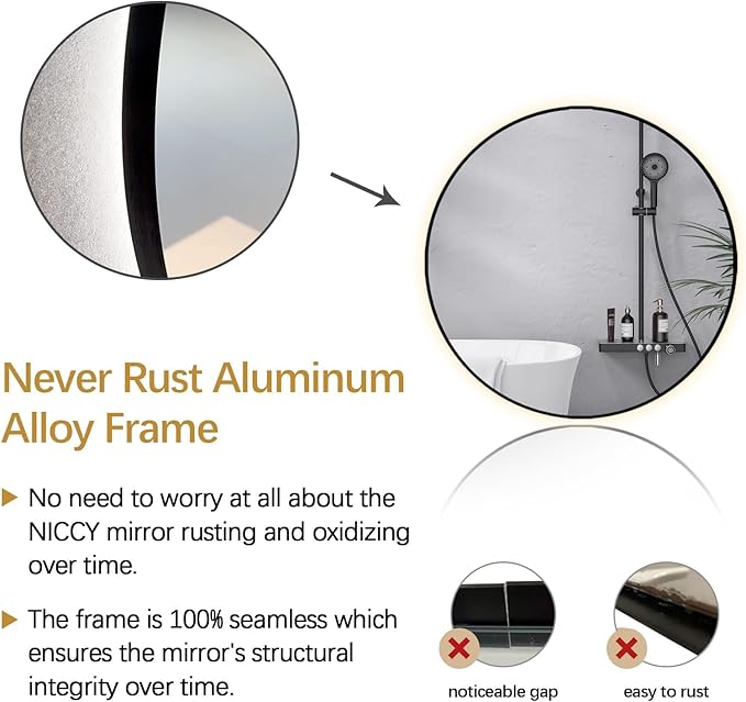 Niccy 32" LED Backlit Round Mirror for Bathroom, Black Framed Vanity Light Wall Mirror LED Smart Circle Mirrors with 3 Lighting Colors, Dimmable Lighted Mirror with Anti-Fog, IP65 Waterproof