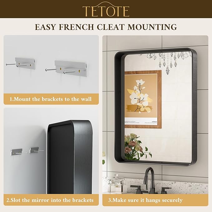 TETOTE 60 x 30 Inch Silver Vanity Mirror, Brushed Silver Rectangle Metal Framed Modern Mirrors for Bathroom, Farmhouse Round Corner Wall Mounted Mirror (Horizontal/Vertical)
