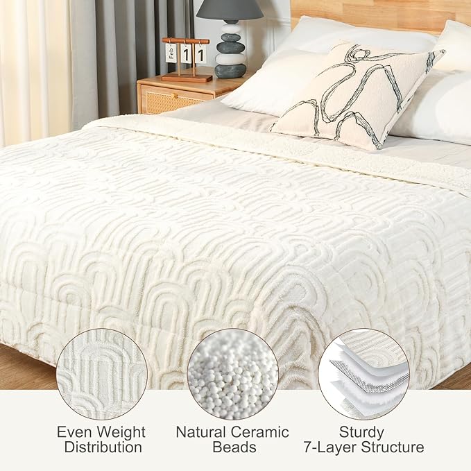 Sherpa Fleece Adult Weighted Blanket Great for Sleep, 15 lbs Dual Sided Soft Fuzzy Heavy Blankets for Couch Bed Sofa, Cozy Warm Arched Jacquard Throw for Winter (Cream White, 60" x 80", 15 Pounds)