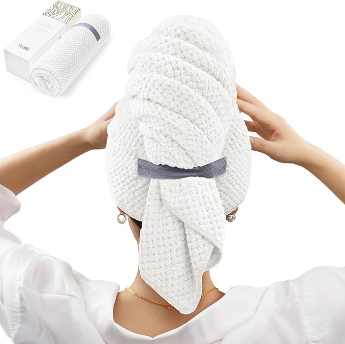 YFONG X-Large Hair Towel Wrap for Women, Super Absorbent Microfiber Hair Towel for Curly Hair, Fast Drying Hair Turbans with Elastic,Hair Drying Towel Wrap for Hair Care 30" X 40" (White)