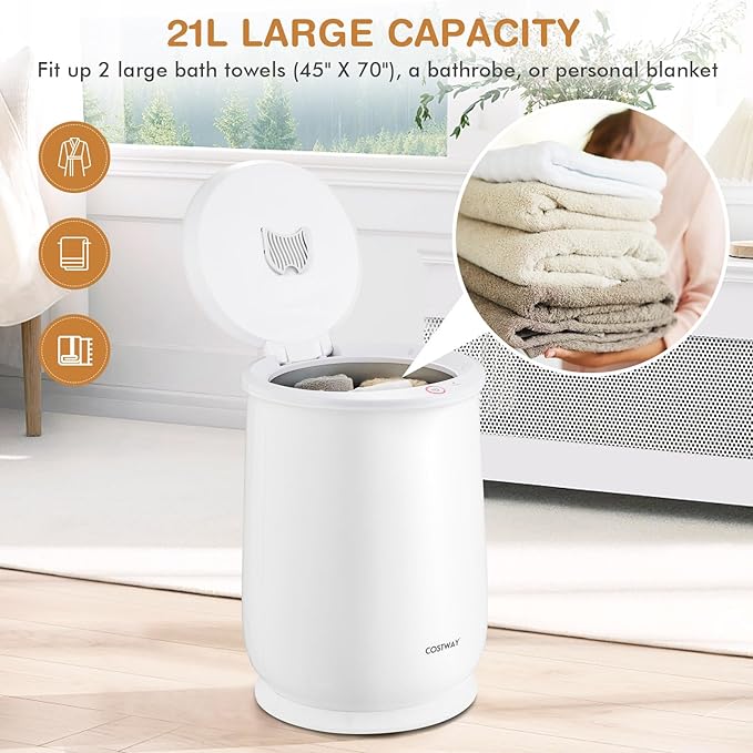COSTWAY Towel Warmer for Bathroom, 21L Large Towel Heater with Flip-top Lid, Child Safety Lock, 1H Auto Shut Off, Blanket Warmer for Towels, 45” x 70” Bathrobes, Bathroom, Gift for Family