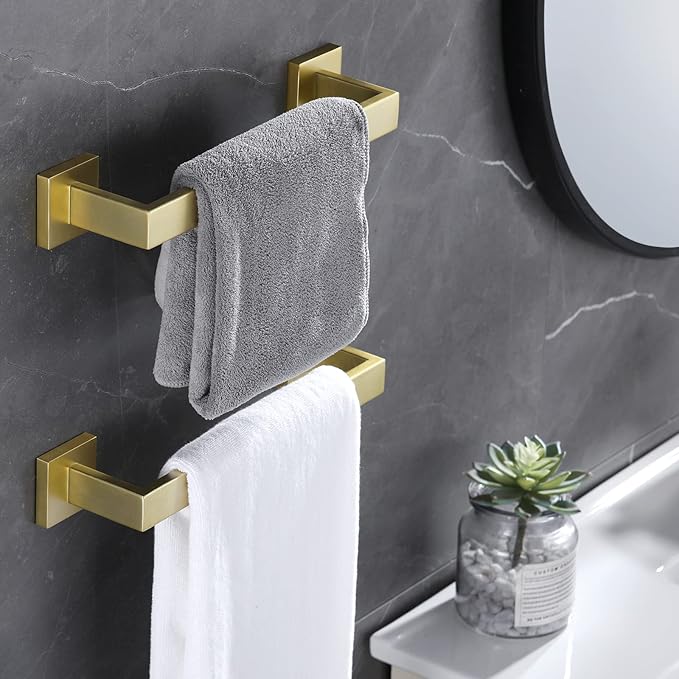 LANC 12-Inche Towel Bars for Bathroom Wall Mounted 30CM Brushed Gold Kitchen Towel Ring Total-14” Stainless Steel Square Towel Rails for Bathroom Hand Towel Holder Towel Hanger, A8804BG-3P1