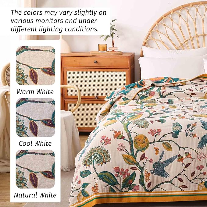 Qidordour Boho Throw Blanket, 80"x90" Muslin Blankets, 100% Organic Cotton Blanket for Couch Sofa, Lightweight Quilt, All Season Bed Throw, Farmhouse Home Decor, B-Hummingbird Fruit