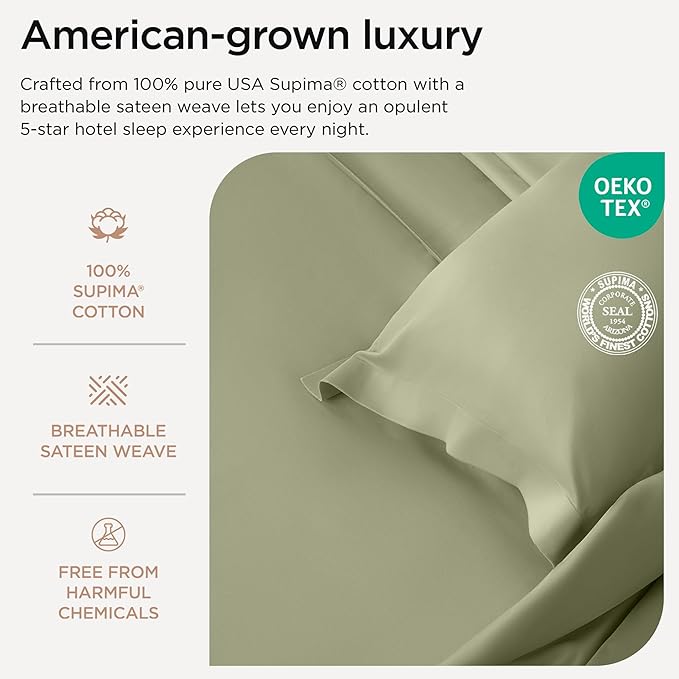 Threadmill California King Sheet Sets |Certified American Supima Cotton Sheets | 656 Thread Count 4 Piece Hotel Quality Luxury Bed Sheets Set with Elasticized Extra Deep Pocket | Sage Green Sheets