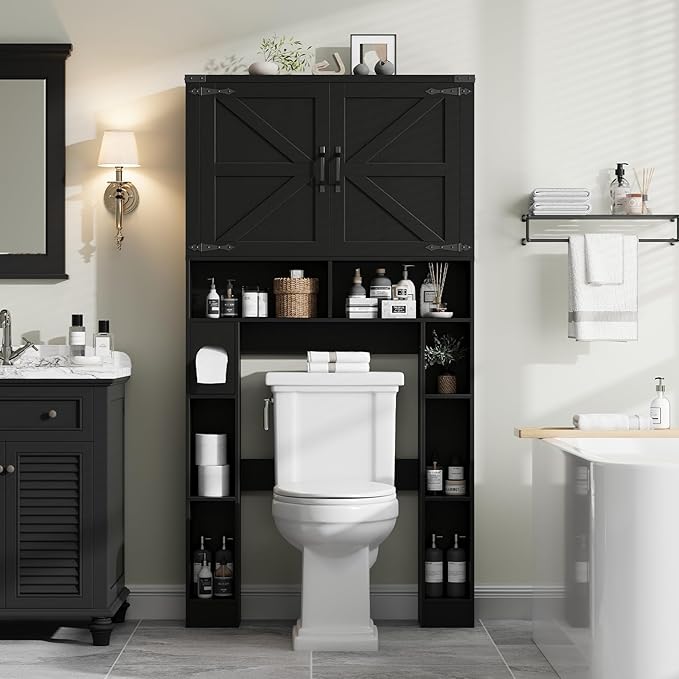 Over The Toilet Storage Cabinet, Farmhouse Storage Cabinet Over Toilet with 2 Barn Doors ，Toilet Paper Holder Stand，Home Space-Saving Toilet Rack, for Laundry, Restroom, Bathroom.Black