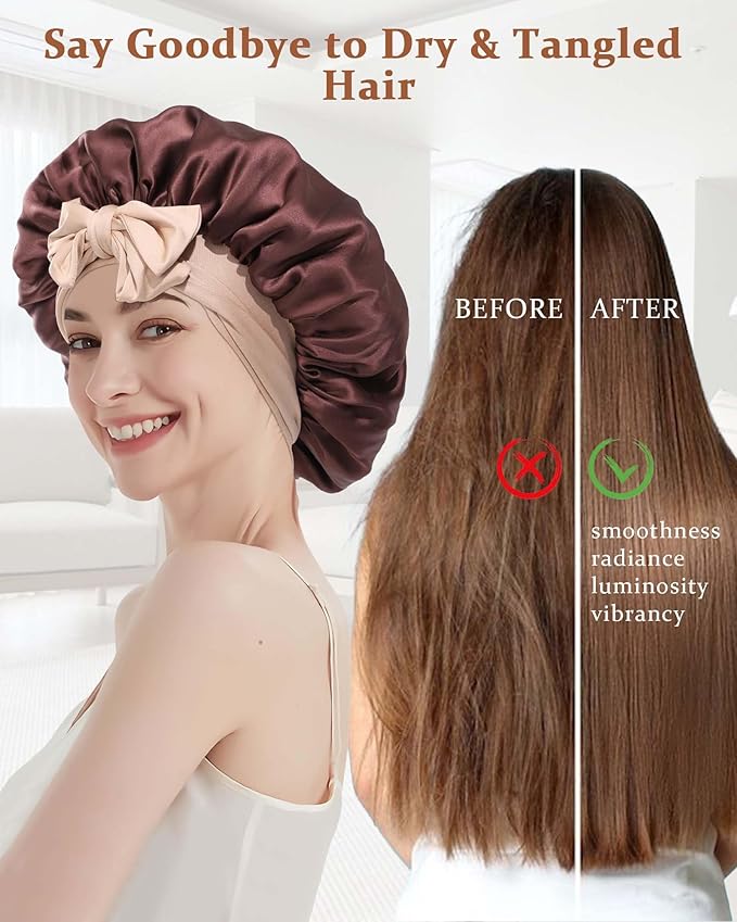 100% Mulberry Silk Bonnet for Sleeping Women Double Layer Silk Hair Bonnet Natural Silk Sleep Cap with Elastic Reversible Hair Wrap (Coffee + Champagne)