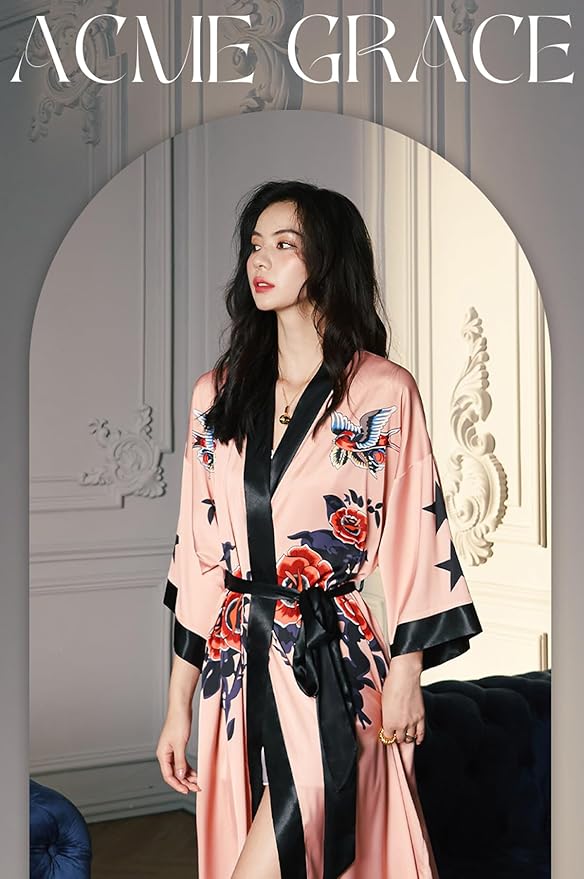 Silk Satin Robe for Women Long Japanese Kimono Robe Lightweight Soft Bathrobe Floral Luxury Dressing Gown