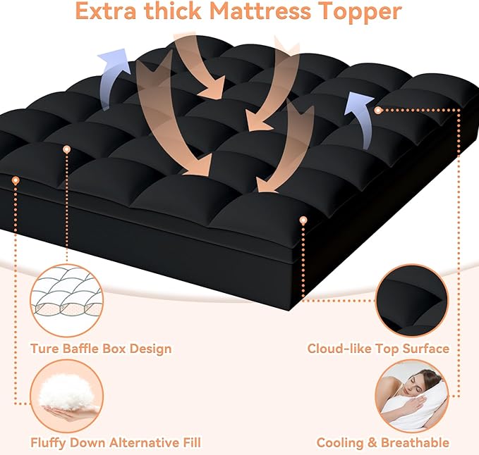 Topllen Full Mattress Topper for Back Pain Relief, Extra Thick Pillow Top Plush Mattress Pad with Deep Pocket, Soft Pillowtop Full Size Bed Toppers Filled Fluffy Down Alternative, Black