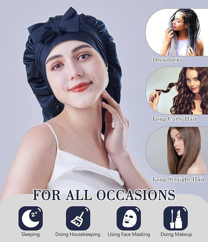 Cocheng Mulberry Silk Bonnet for sleeping long Silk Bonnet for Curly Hair Braids Cap for Women Silk Cap with Tie Band