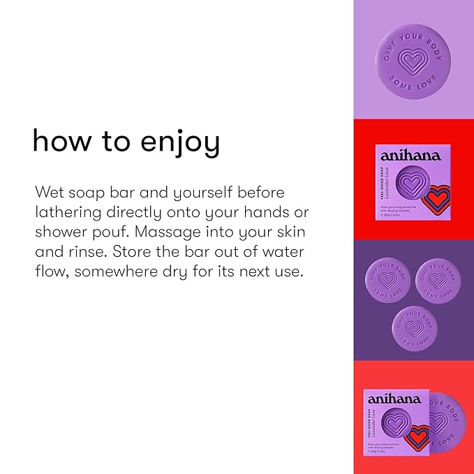 ANIHANA Feel-Good Soap 3 Pack with Coconut Oil and Shea Butter, Gentle Cleansing, Paraben Free, Cruelty Free, Refreshing Lavender Love Scent, 4.2 oz each