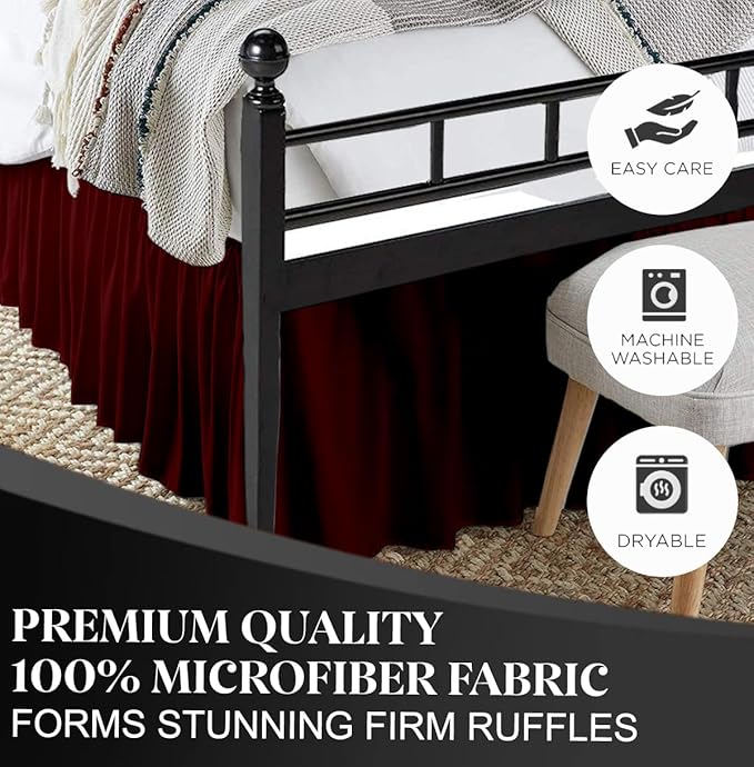 Ruffled Bed Skirt with Split Corners, Burgundy, King 16 Inch Drop Bedskirt, Hotel Quality Brushed Microfiber Wrinkle Free Dust Ruffle Bed Skirt King Size