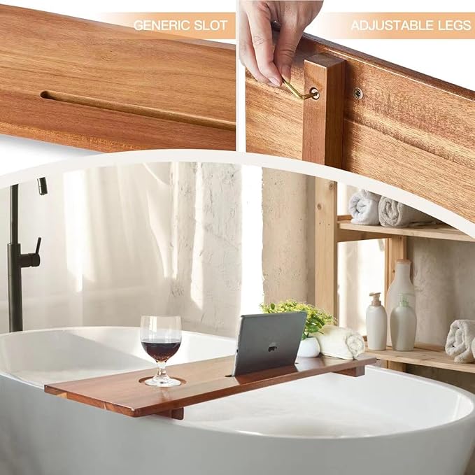 Luxe Premium Acacia Wood Bathtub Tray Caddy with Adjustable Legs, 35x9 Inch Large Wooden Bath Tub Board, Anti-Tipping Bath Shelf Over Tub, Bathtub Accessories