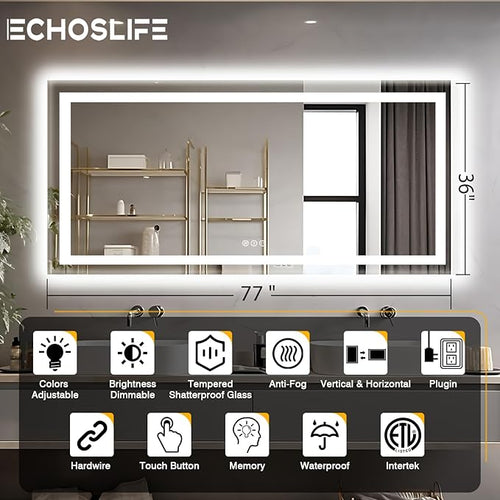 77"x36" Large LED Bathroom Mirror with Front & Backlit, Anti-Fog, Stepless Dimmable Vanity Mirror, 3 Colors Smart Mirror (Horizontal/Vertical)
