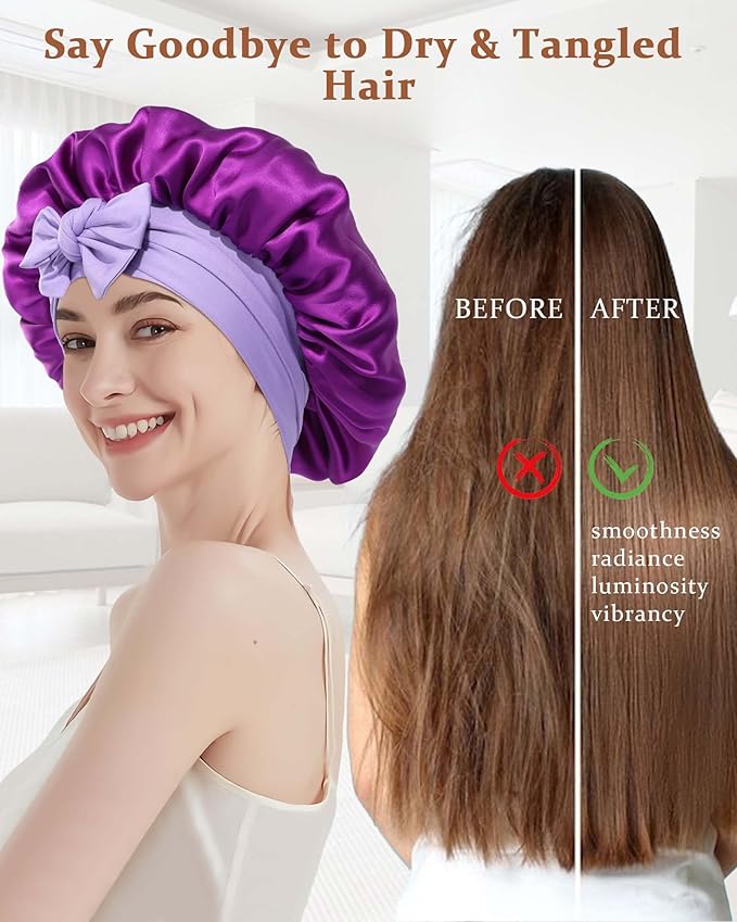 100% Mulberry Silk Bonnet for Sleeping Women Double Layer Silk Hair Bonnet Natural Silk Sleep Cap with Elastic Reversible Hair Wrap (Violet + Wisteria)