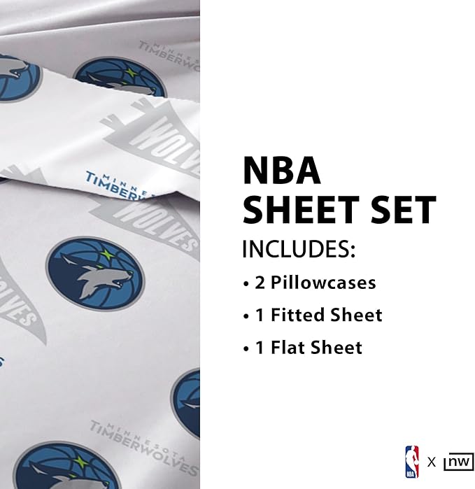 Northwest Officially Licensed Minnesota Timberwolves NBA Queen Size Sheet Set – Soft Team Logo Bedding for Dorms, Bedrooms, Fan Caves & Game Day Style