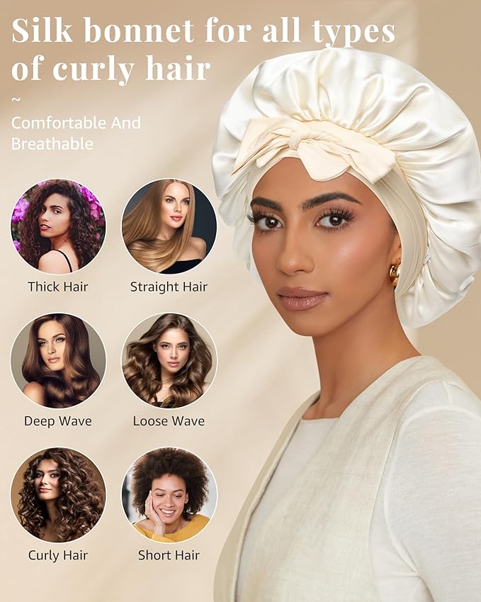 AWAYTR Silk Bonnet for Sleeping Women 100% Mulberry Silk Bonnet with Band 2 Layer Reversible Hair Bonnet Sleeping Hair Wrap (Champagne/Beige)