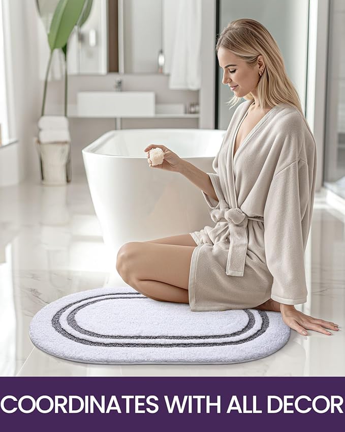 DEXI Oval Bath Mats for Bathroom, 24x36 Absorbent Bath Mat, Washable Microfiber Bathroom Rug with Non Slip Backing for Shower Floor, Dark Grey