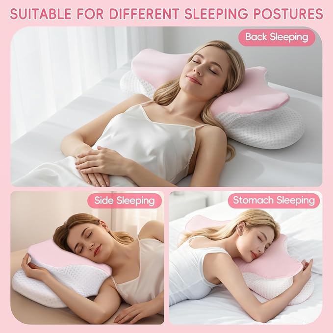 Cervical Neck Pillow for Pain Relief, Ergonomic Contour Pillow for Sleeping, 2 Heights Cooling Pillow for Neck and Shoulder Support, Memory Foam Orthopedic Pillow for Side Back Stomach Sleepers Pink