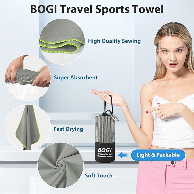 BOGI Microfiber Travel Sports Towel-Quick Dry, Soft Lightweight, Absorbent, Compact for Camping, Gym, Yoga, Swimming, Backpacking (L:60''x30''+16''x16'' - Grey)