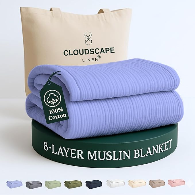 Cloud Scape Linen 8-Layer Muslin Blanket Queen Size - 100% Cotton, Soft and Breathable, Oversized Winter Blanket, Fits up to Full Size Bed, 92x92, Lavender Blue