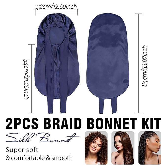 2Pcs Bonnets for Black Women Braid Bonnet, Large Long Satin Bonnet for Braids, Silk Bonnet with Stretchy Tie Band Sleep Cap Hair (2Pcs-Black&Dark Blue)