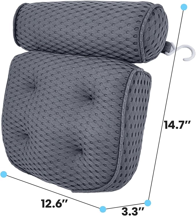 AEROiVi Luxury Bath Pillows for Tub，Bath Pillow Bathtub Pillows for Head and Neck Support Bath Cushion Made from Soft Spacer Mesh Material with Suction Cups,Gray