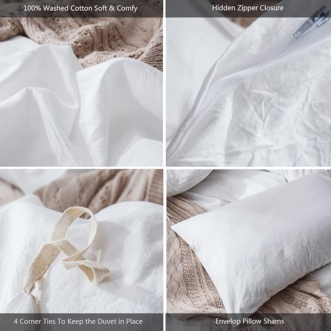 MooMee Bedding Duvet Cover Set 100% Washed Cotton Linen Like Textured Breathable Durable Soft Comfy (Solid Off White, Super Queen 90"x98")