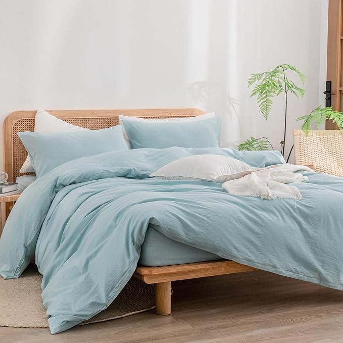 BESTOUCH Duvet Cover Set 100% Washed Cotton Linen Feel Super Soft Comfortable Chic Lightweight 3 PCs Home Bedding Set Solid Hushed Green King