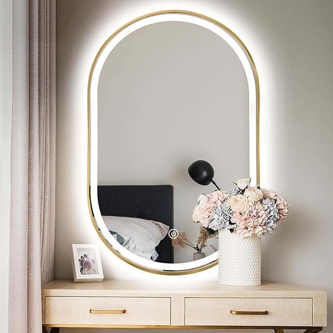 Oval LED Bathroom Mirror, 36"x24" Lighted Wall Mounted Vanity Mirror with Metal Frame, Anti-Fog IP66 Waterproof Smart Mirror, Memory Function, (Horizontal or Vertical), Gold