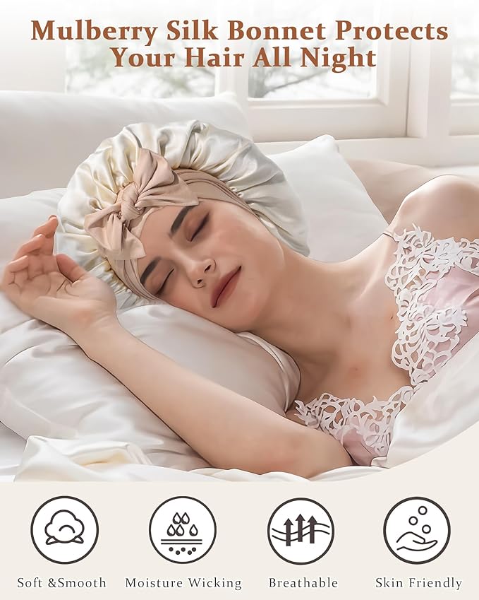 100% Mulberry Silk Bonnet for Sleeping Women Double Layer Silk Hair Bonnet Natural Silk Sleep Cap with Elastic Reversible Hair Wrap (Coffee + Champagne)
