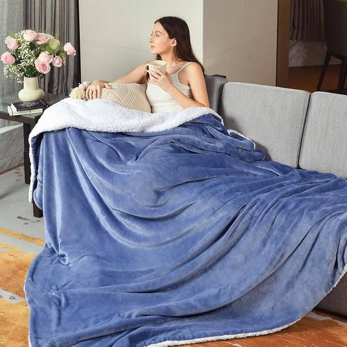 KAWAHOME Sherpa Fleece Queen Size Blanket for Bed - Extra Warm and Heavy Thick Blankets for Winter, Super Soft 500GSM Plush Blanket, 90"X 90" Washed Blue