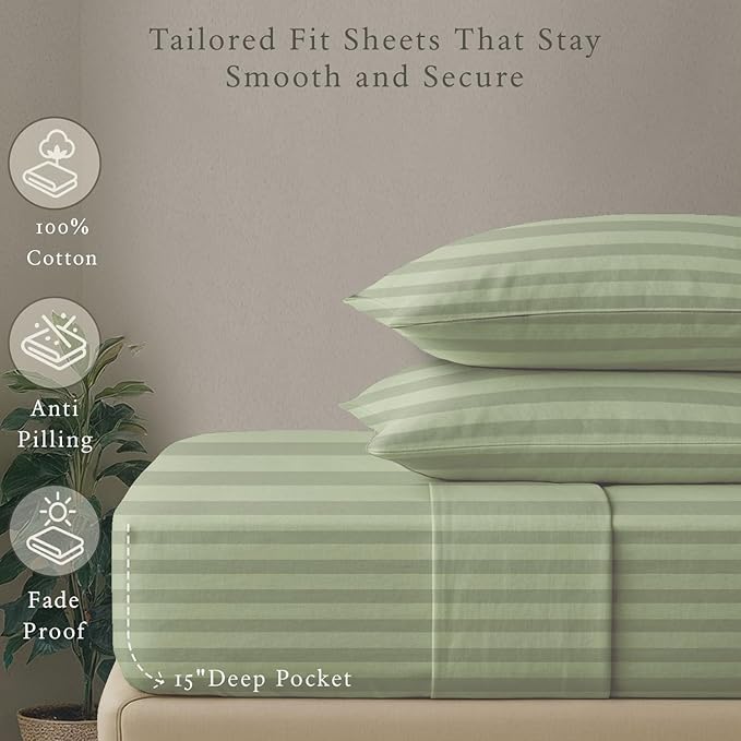 Threadmill 500 Thread Count Twin Size Damask Stripe, 3 Pc Luxury Cotton Sheet Set, Breathable & Silky Soft Sage Green Sheets with 15" Elasticized Deep Pocket, 1 Pillowcase & Free Tote Bag