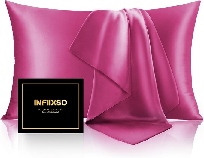 INFIIXSO Mulberry Silk Pillowcase for Hair and Skin, Silk Pillow Cases Standard Size with Hidden Zipper 20"x26", Extraordinary Smooth and Soft Cooling Pillow Cases for Hot Sleepers(Hot Pink, 1 Pack)