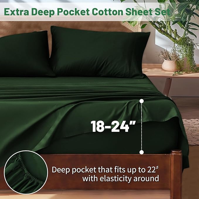 Extra Deep Pocket California King Sheets 18-24 Inch 1000 Thread Count 100% Egyptian Cotton Sateen Weave Soft Breathable 4 Pieces（California King,Forest Green）