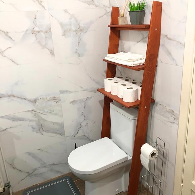 Over The Toilet Birch Wood Bathroom Organizer Shelves, 3-Tier Freestanding Above Toilet Storage Ladder Shelf, Standing Space Saver Behind Toilet Small Bathroom Organizer (Chestnut)