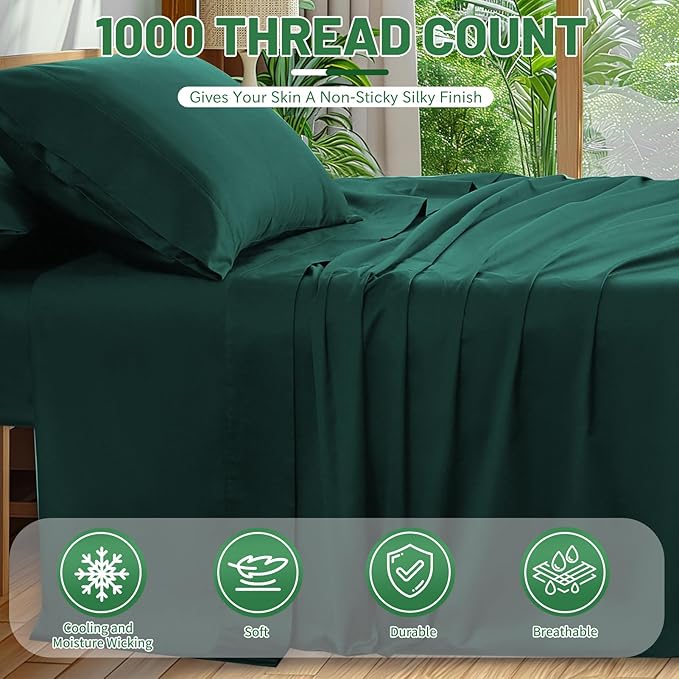 1000 Thread Count Egyptian Cotton Sheets Queen Size Set Sateen Weave Soft Breathable 16-Inch Deep Pocket 4PCS（Queen,Dark Green）