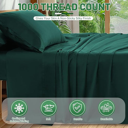1000 Thread Count Egyptian Cotton Sheets Queen Size Set Sateen Weave Soft Breathable 16-Inch Deep Pocket 4PCS（Queen,Dark Green）