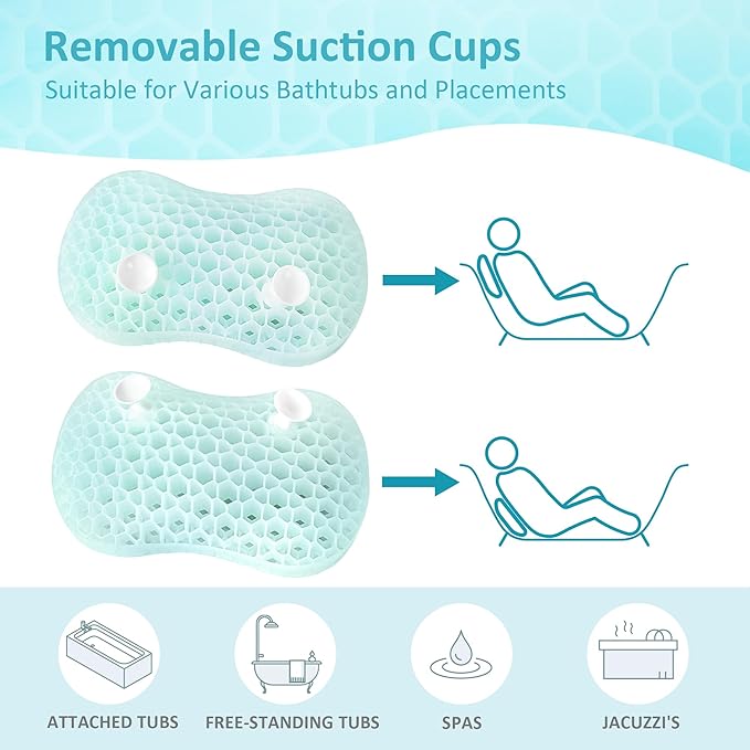 Sunlit Bath Jello Gel Bath Pillows, Lumbar Pillow for Bathtub, Back Support Pillow, Gel Pillow with Non-Slip Suction Cups for Lumbar, Back Rest Support, Fits Curved or Straight Back Tubs, Ice Blue