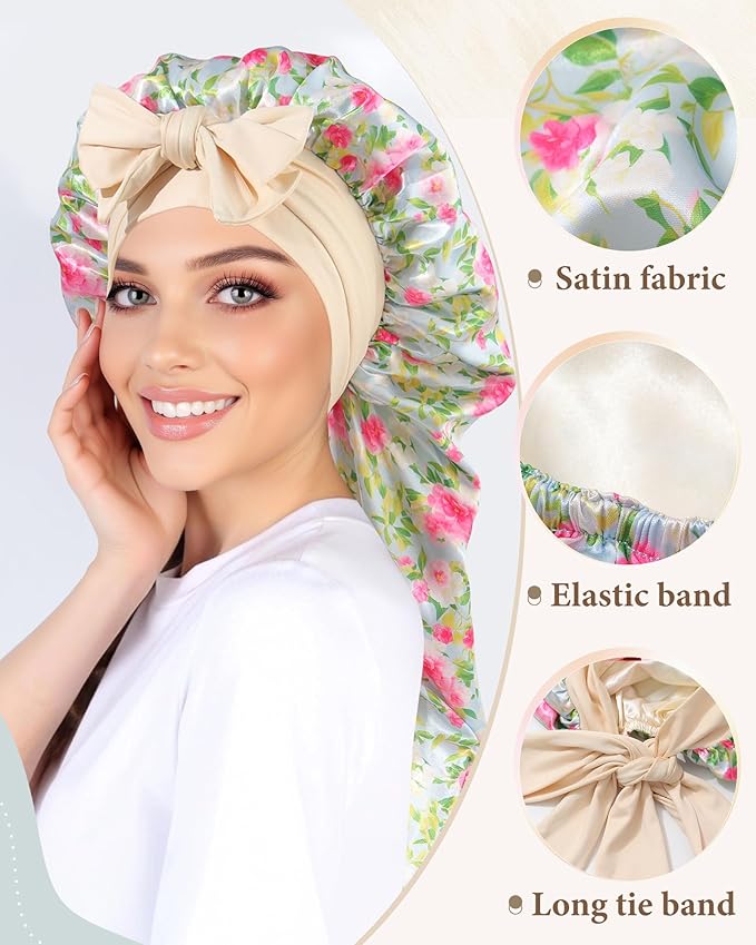 AWAYTR Long Satin Bonnet for Sleeping, Reversible Double Layer Hair Bonnet with Elastic Tie Band (Rose Print+Blue)
