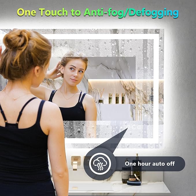 36x28 Inch RGB LED Bathroom Mirror Front Light and RGB Backlit Lighted Vanity Mirror for Bathroom Wall Mounted Dimmable Anti Fog Memory Shatter-Proof IP54 Waterproof Horizontal/Vertical