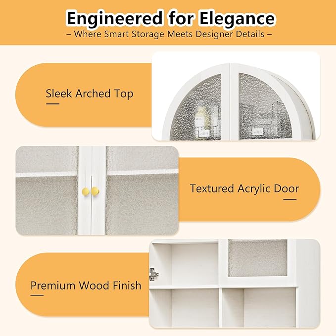 Over The Toilet Storage Cabinet, 29.7”W Modern Storage Cabinet Over Toilet with Acrylic Doors, Arched Freestanding Over Toilet Rack with Adjustable Shelf for Bathroom, Antique White