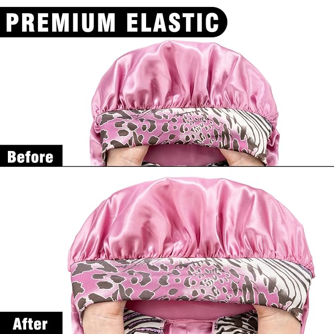2Pcs Bonnets for Black Women Braid Bonnet, Large Long Satin Silk Bonnet for Braids,Black Women Braid Bonnet with Stretchy Tie Band for Sleeping Extra Long (Black & Pink Pattern)