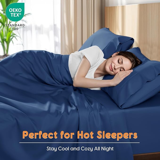 LBRO2M 100% Cotton Sheets Set King Size 600 Thread Count Sheet 4 Piece Sets Bed Sheet Deep Pocket Up to 16" Soft Comfortable All Season (King, Navy Blue)